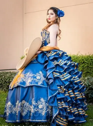 Blauw Quinceanera Jurken Baljurk Ruches Fluffy Formele Prom Jurk Charro Zoete 15 Traditionele Mexicaanse Jurk Abendkleider 2020