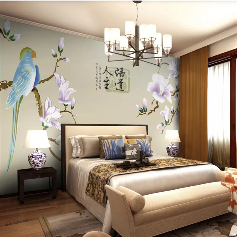 Custom 3d wallpaper hand-painted Chinese modern minimalist American art pen flower bird TV background wall painting 3d wallpaper