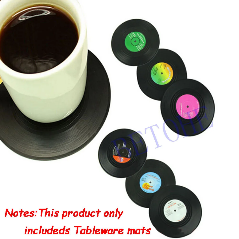 BETOHE 6Pcs/Set Retro Vinyl Coasters Drinks Table Cup Mat Home Decor CD Record Coffee Drink Placemat Tableware Spinning