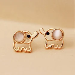 Women Gold Color Cute Elephant Stud Earrings White Pink Rhinestone Cat Eye Stone Opal Stud Earring Ear Party Animals Jewelry