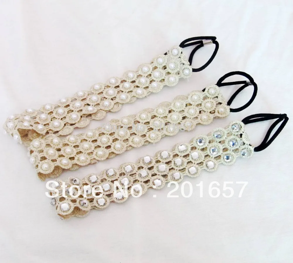 Romantic pearl 3cm Lace elastic headband for hair Wholesale fashion bohemian lace with pearl handmade elastic hairband headband