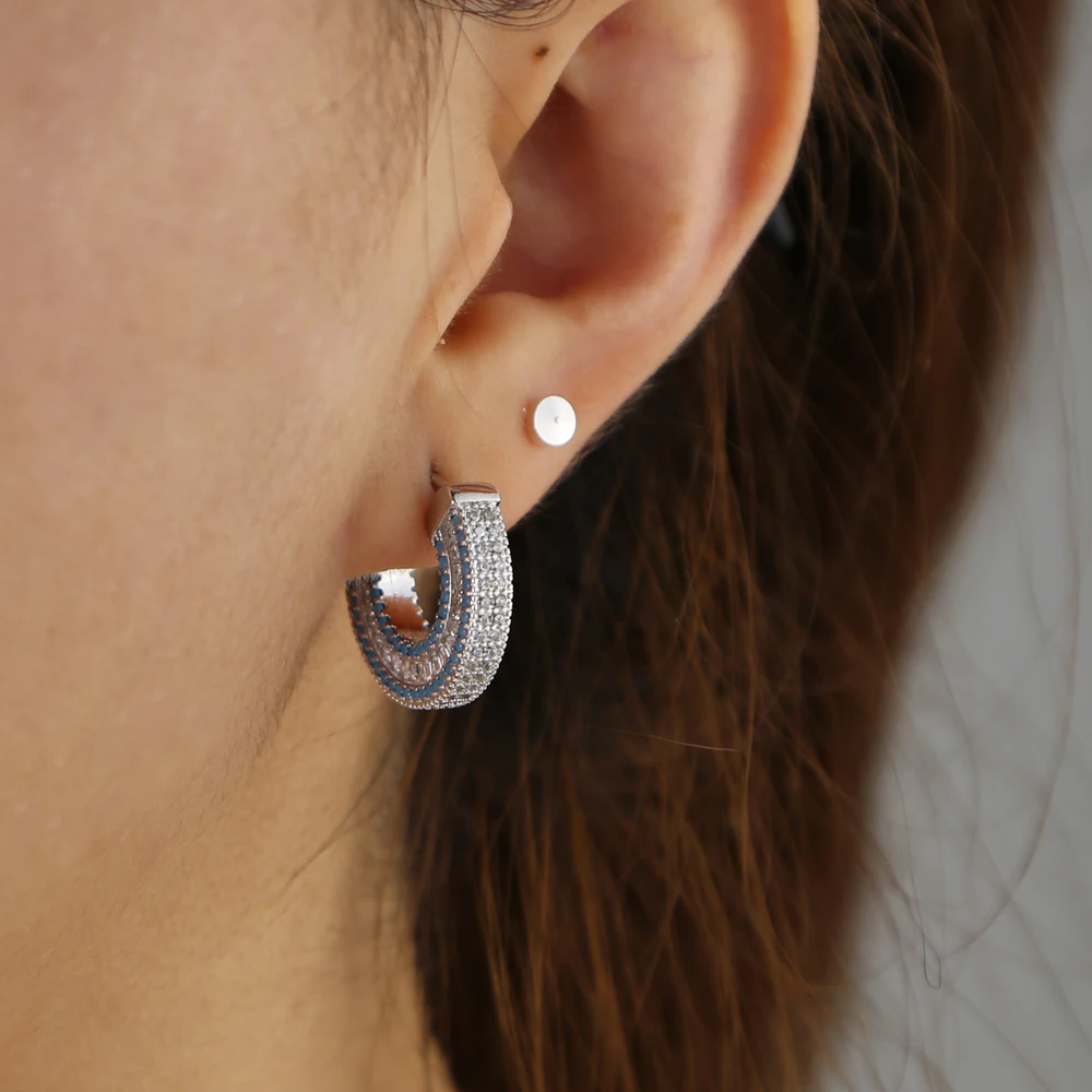 Luxury Women Jewelry blue turquoises stone square cubic zirconia CZ trendy classic hoop earring