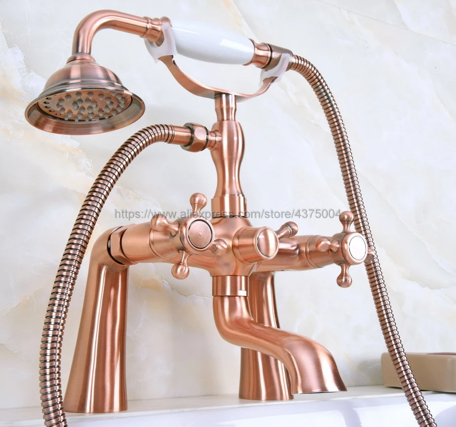 

Deck Mounted Bath Tub Faucet Antique Red Copper Bathtub Faucets with Hand Shower Dual Handle Mixer Tap Nna160