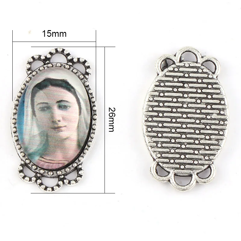 20pcs 15x26mm Oval Glass Cabochons Religion Silver Zinc Alloy Rosary Charms Pendants DIY Jewelry Saint Rita Rosary Accessories