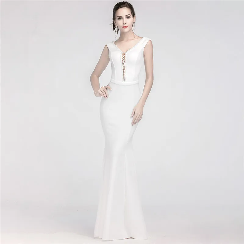 

Corzzet Fashion White Cotton Sleevess Beading V-Neck Long Mermaid Foor Length Women Elegant Sexy Party Dress