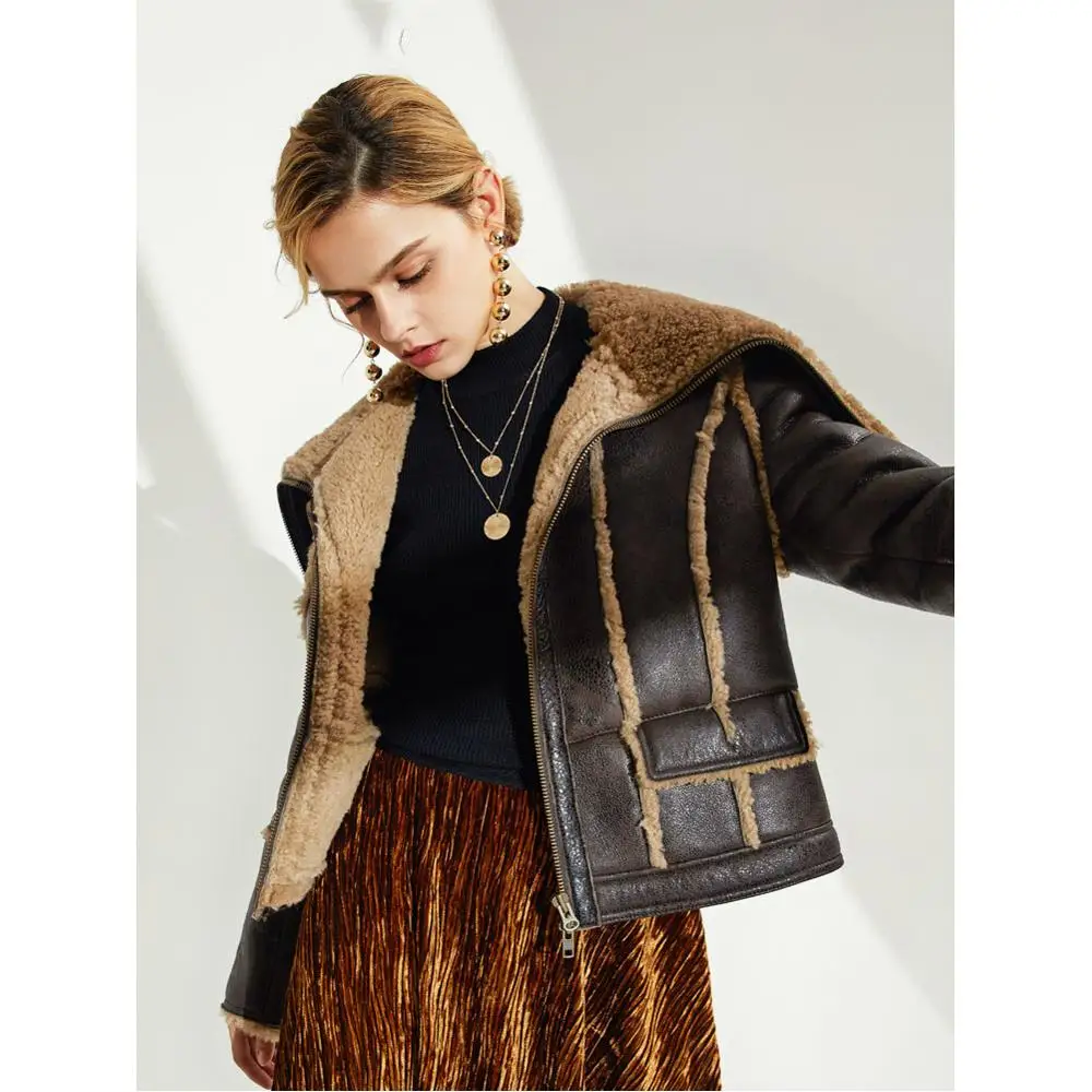 Denny&Dora Womens Sheepskin B-3 Bomber Jacket Large Lapel Collar Coat