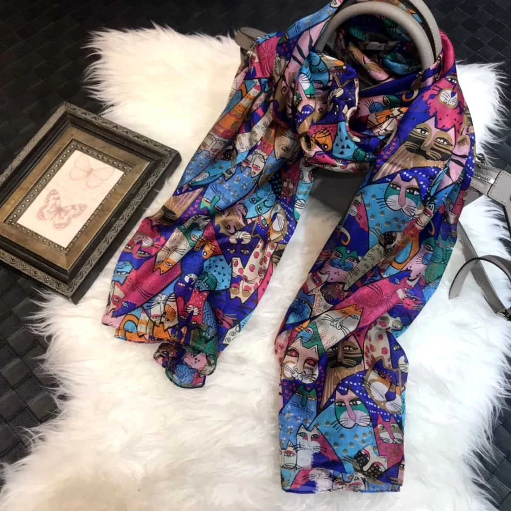 [BYSIFA] 2022 New Blue Pink 100% Silk Scarf Shawl Fashion Accessories Cute Cartoon Cat Pure Silk Scarf Fall Winter Long Scarves