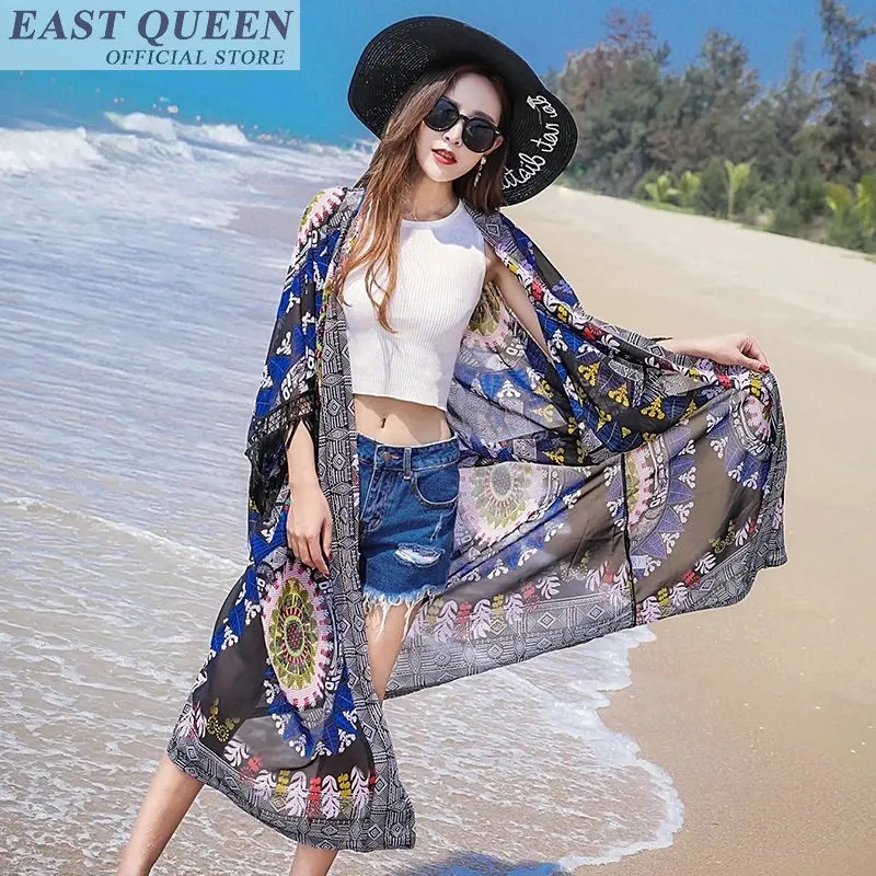 Bohemian wanita panjang blus hot sale pantai sifon rumbai floral print v-neck tiga perempat kemeja lengan batwing perempuan DD709 L