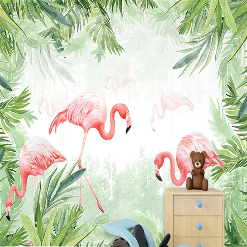 

wellyu Hand painted tropical rainforest flamingo wall custom large mural green wallpaper papel de parede para quarto