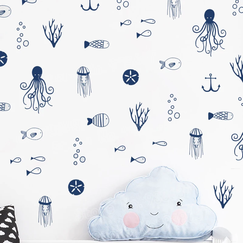 

New Arrival Kids Room Wall Stickers Sea Life Nautical Wall Decal for Baby Nursery diy Waterproof Bathroom Ocean Decoration JW314