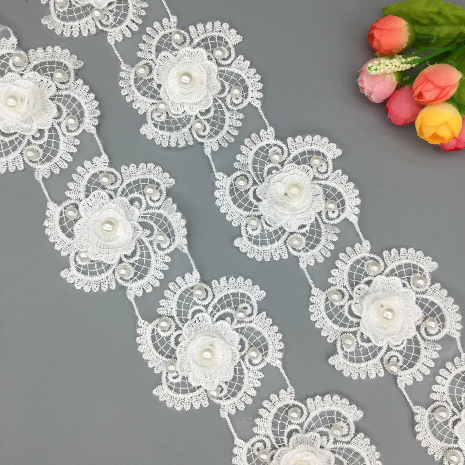 

20x Pearl 3D Flower Embroidered Lace Trim Applique Trimming Ribbon Fabric Sewing Craft Patches Handmade Wedding Dress Decoration