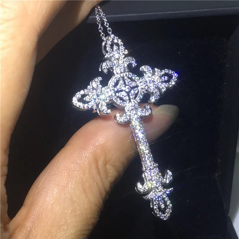 Vecalon Unique Flower Cross pendant 925 Sterling silver 5A Cz Stone cross Pendant necklace for Women Men Party Wedding Jewelry
