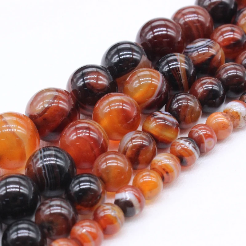 Natural Stone Coffee Striped agat Chalcedony Round Beads 4 6 8 10 12MM Diy Char Bracelet Necklace For Jewelry Making