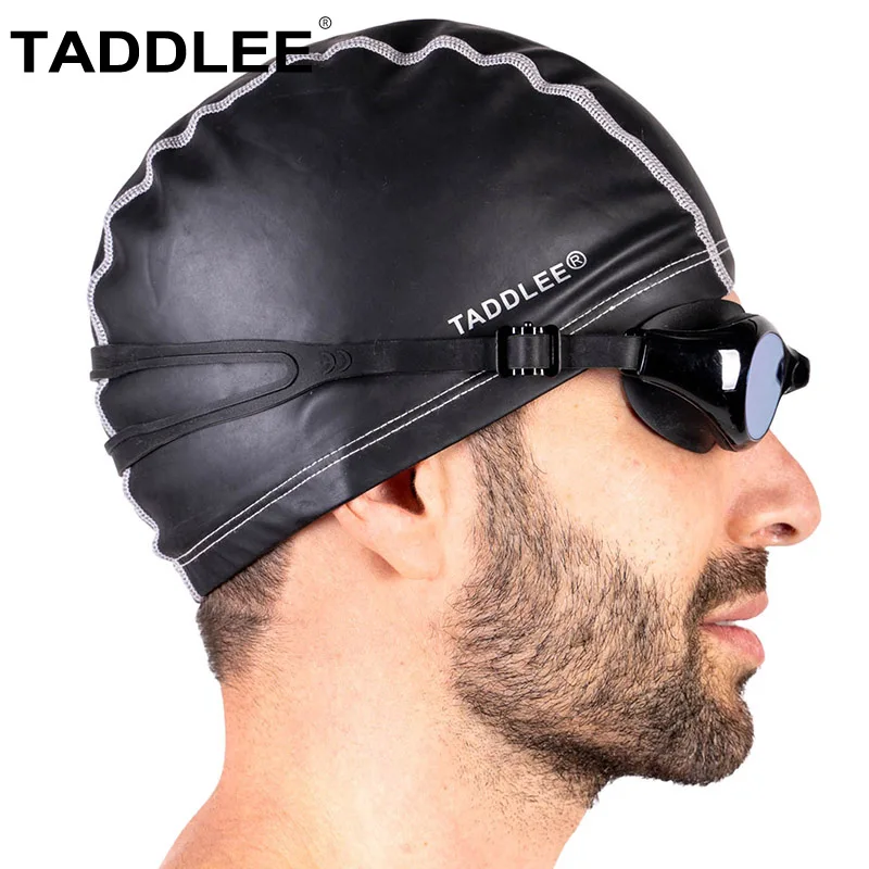 Taddlee Brand Swimming Cap Men Silicone Lycra Swim Hat Pool PU Fabric Swim Hat Waterproof Adult Swim Wear Accessories large size