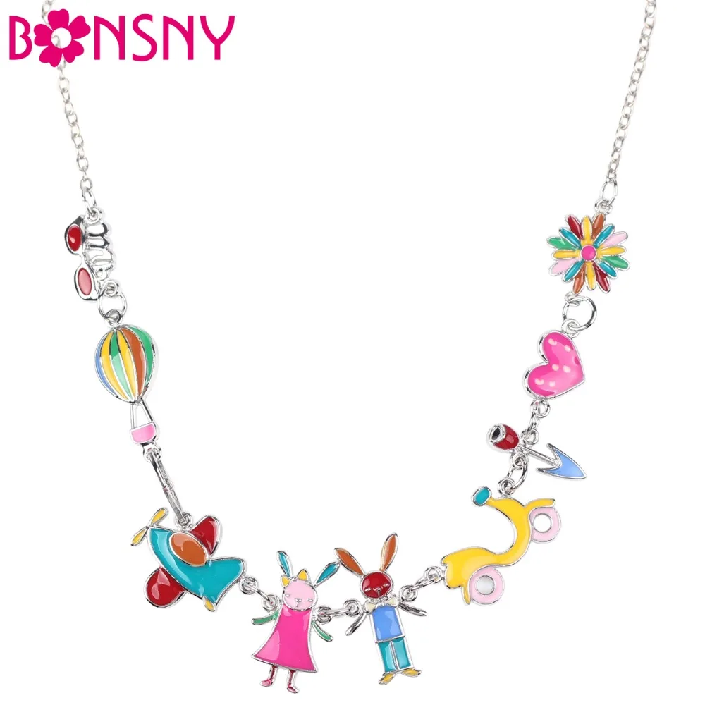 

Bonsny Maxi Alloy Rabbit PLANE Necklace Chain Enamel Jewelry Colorful Pendant 2017 New Fashion Jewelry For Women Statement