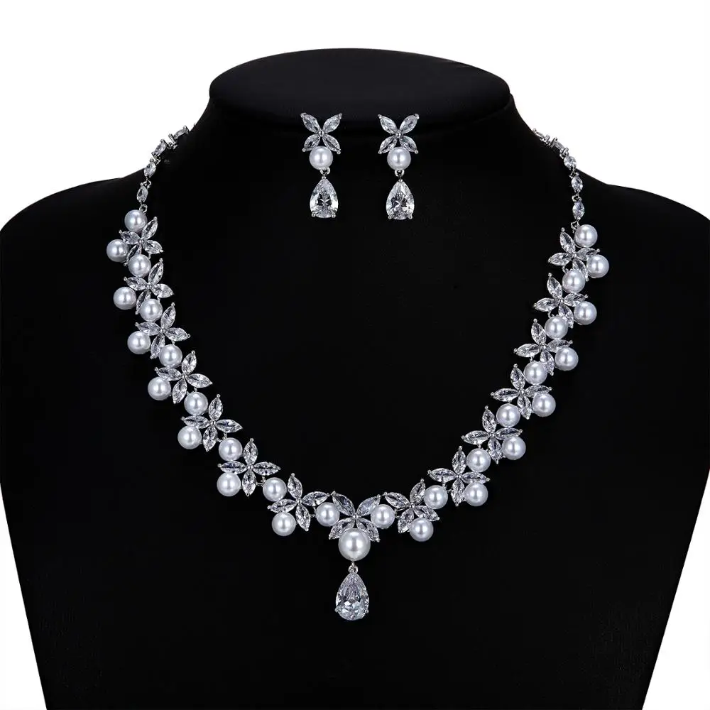 

CZ Cubic Zirconia Pearls Bridal Wedding Necklace Earring Set Jewelry Sets for Women Prom Jewelry Accessories CN10235