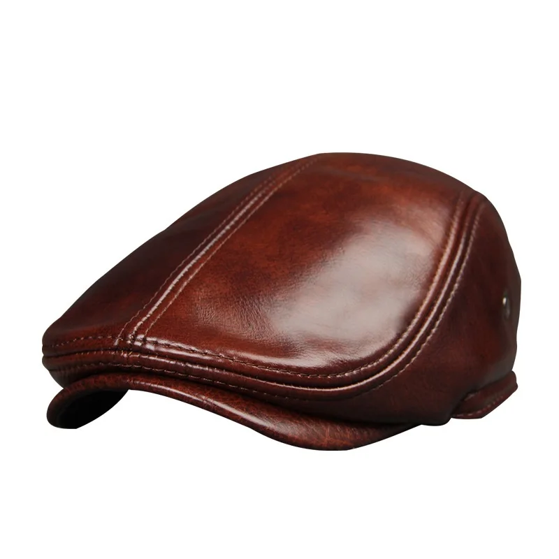 Male Genuine leather Hat Adult Cowhide Leather Hats Men\'s Ear Protection Cap Male Winter Visor Caps New Year Gift B-7232