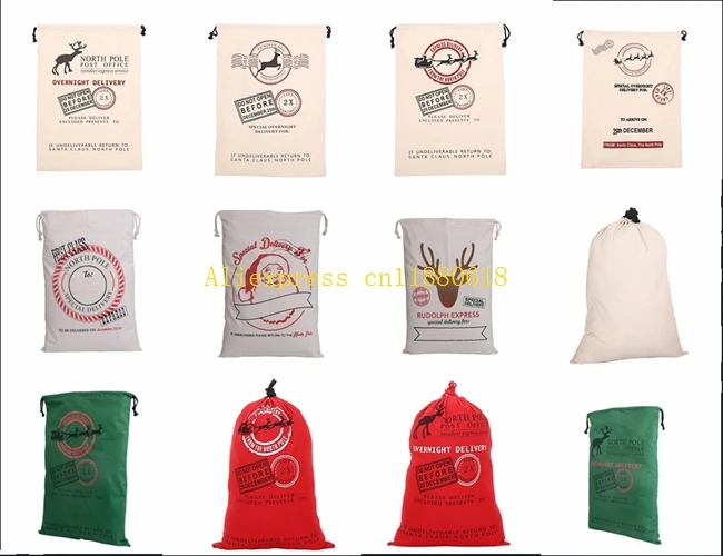 100pcs/lot Free Shipping 12 styles Santa sack canvas santa sack christmas sack gift bag 50x70cm Size