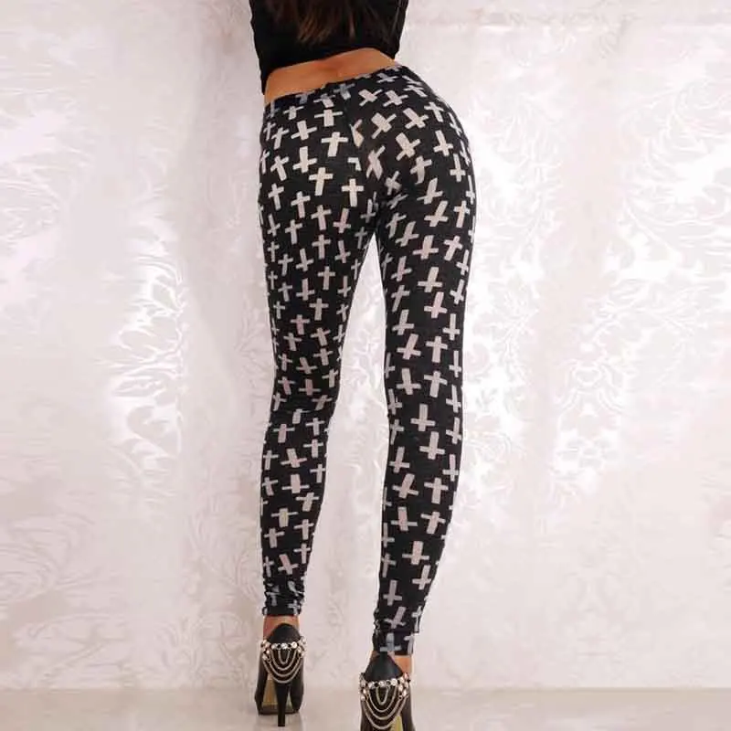 Women Leggings 2019 New Fashion High Waist Cross Prints Trousers Soft Female Casual Sexy Elastic Goth Pant