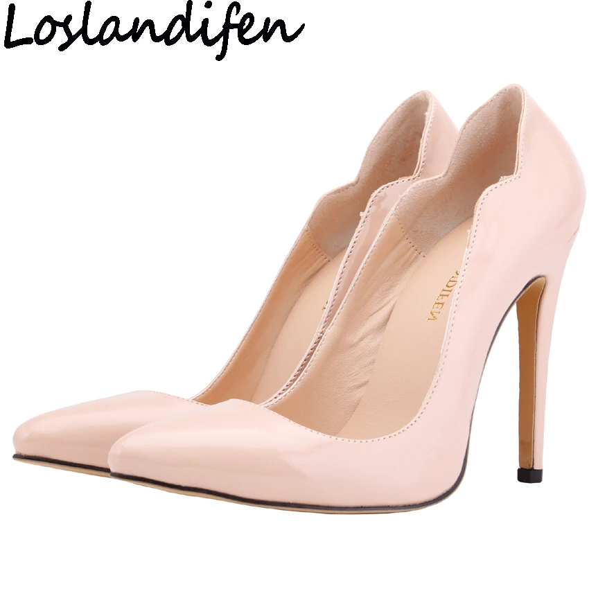 LOSLANDIFEN Women High Heels Pumps Shallow Mouth Wave Cut Out Pointed Toe Stilettos Glossy PU Leather Wedding Dress OL Shoes