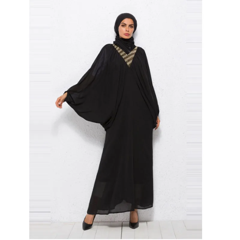 Black Or Wine Red Batwing Sleeve Muslim Kaftan Dubai Big Sleeve Dress,V Neck Bat Sleeve Arab Long Dress Clothes Heporen Garment