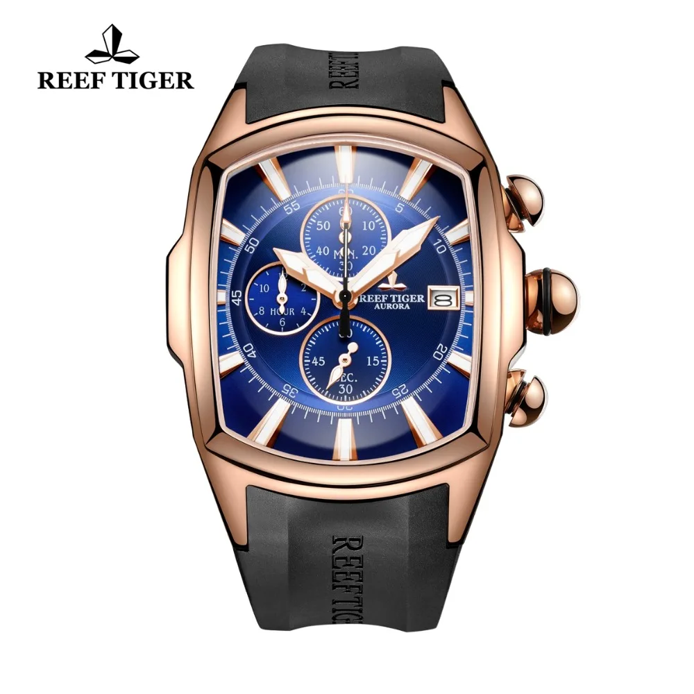 Reef Tiger/RT Top Brand Luxury Sport Watch for Men Rose Gold Blue Dial Professional Stop Clock Waterproof RGA3069-T