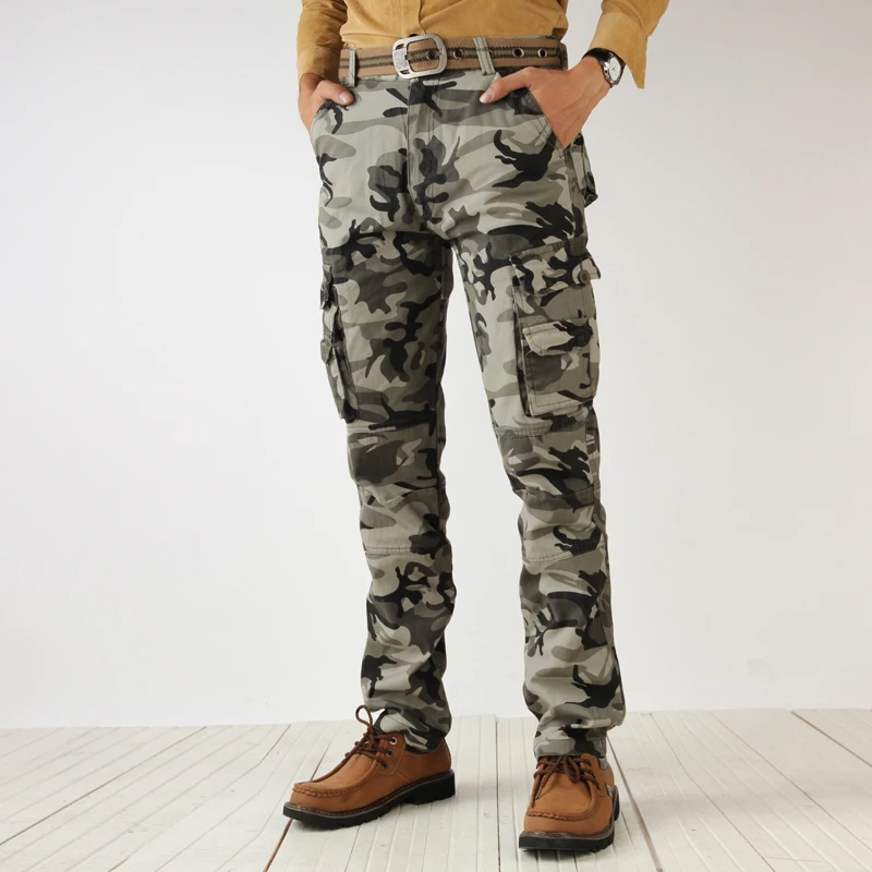 

Men's Camouflage Cargo Pants Men Green Multi Pockets Casual Cotton Loose Straight Trousers Male Easy Wash Pants