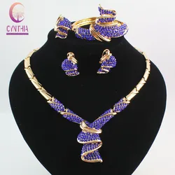 African Beads Jewelry Sets For Women Crystal Necklace Earrings Bangle Ring Gold Color Pendant Wedding Dress Accessories