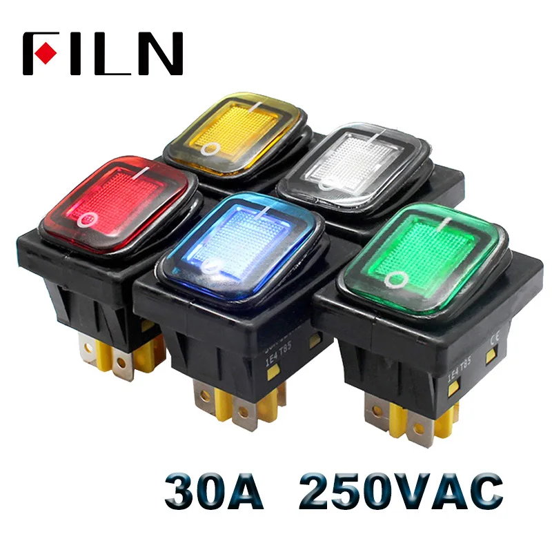 30A 250VAC Waterproof KCD4 Rocker Switch on off DPST rocker switch IP67 switch on off on with LED lamp illuminated