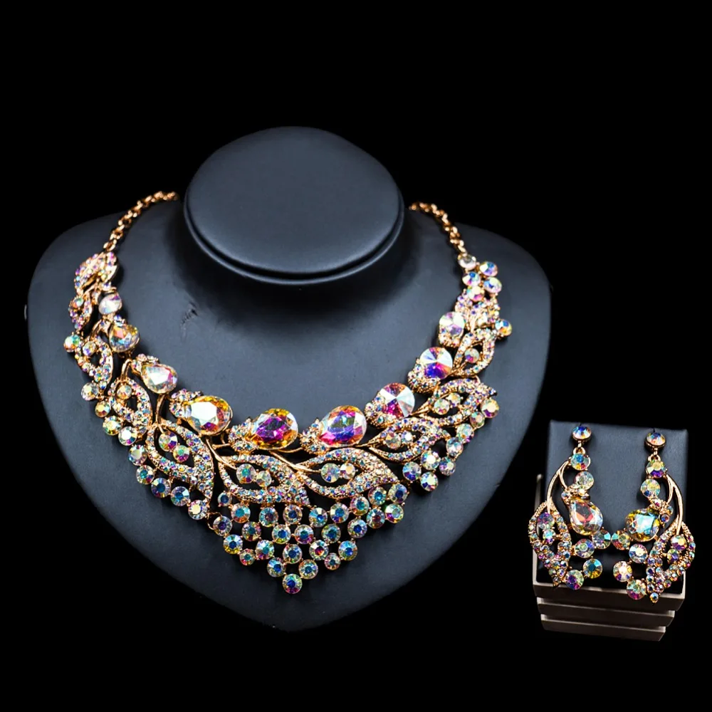 LAN PALACE indian jewelry sets for women gold color glass necklace and earrings for wedding six colors free shipping