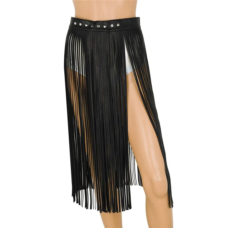 Womens Sexy Tassel Skirts Goth Hippie Boho Waistband Long Fringe Black Leather Tassel Skirt High Waist Skirt Holographic Skirt