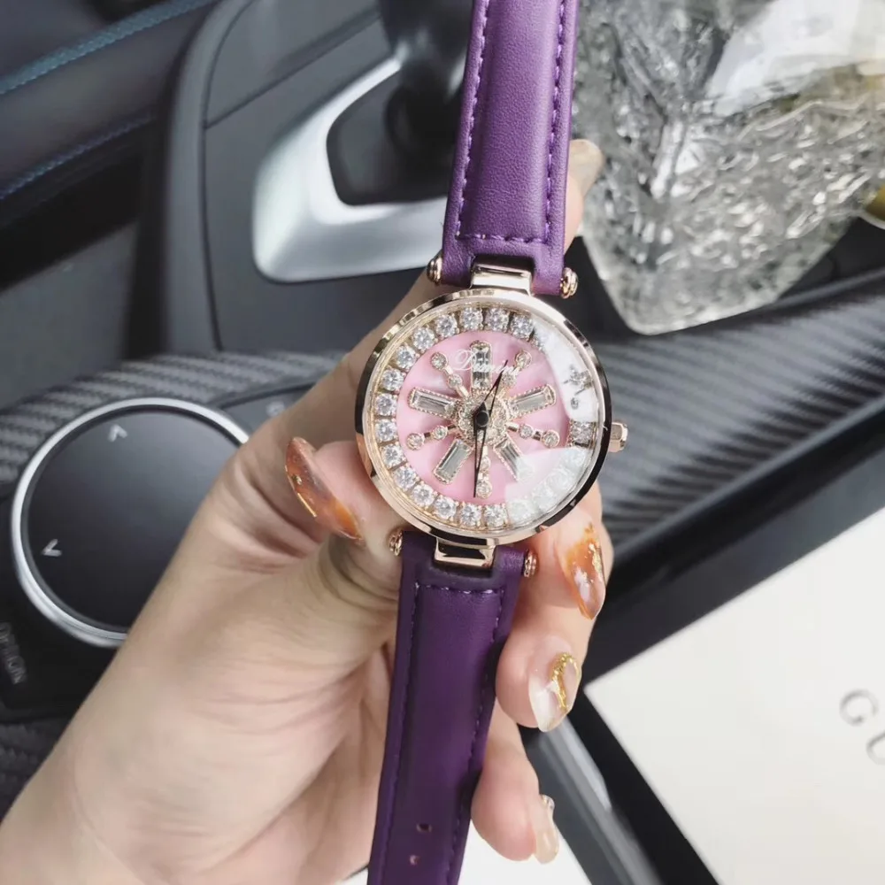 

Small Size Women Rhinestone Flower Spinning Watches Inner Crystals GOOD LUCK Rotating Watch Waterproof Quartz Wristwatch Leather