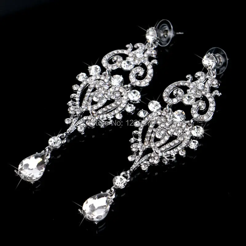 TREAZY Gorgeous Chandelier Crystal Bridal Long Drop Earrings Wedding Jewelry Silver Color Rhinestone Earrings for Women