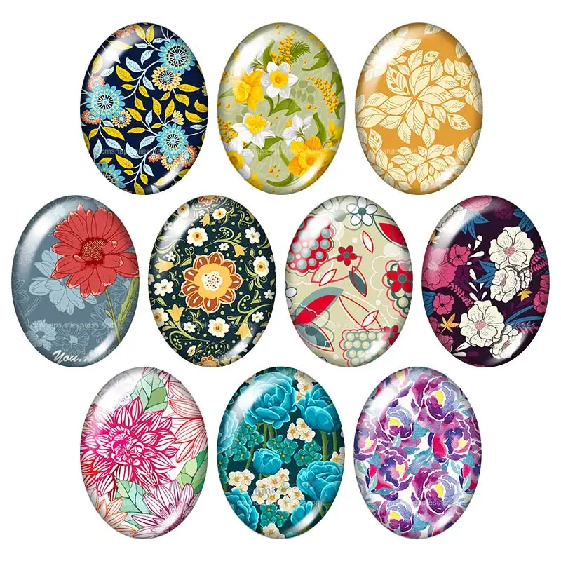 Beauty Flowers Painting Patterns 13x18mm/18x25mm/30x40mm mixed Oval photo glass cabochon demo flat back Jewelry findings