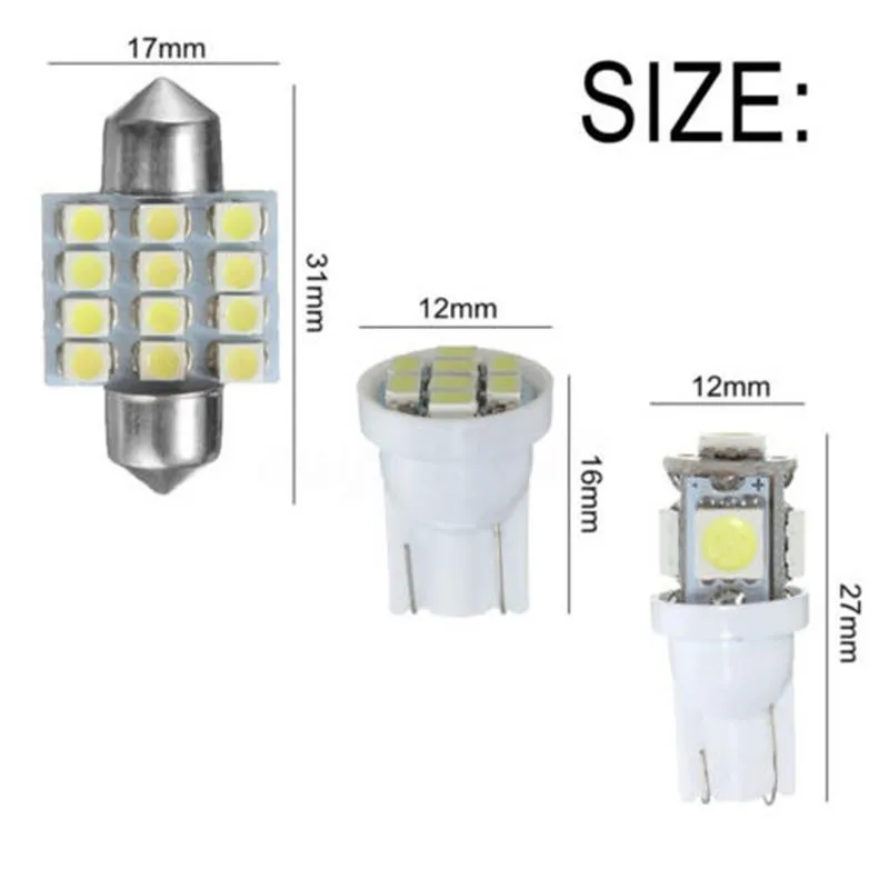 13PCS T10 5050 5SMD T10 1206 8SMD 3528 12SMD 31MM 6500k car interior light 12V