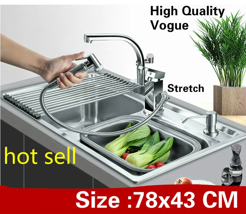 

Free shipping Home multifunction wash vegetables kitchen double groove sink 304 stainless steel hot sell luxury 780x430 MM