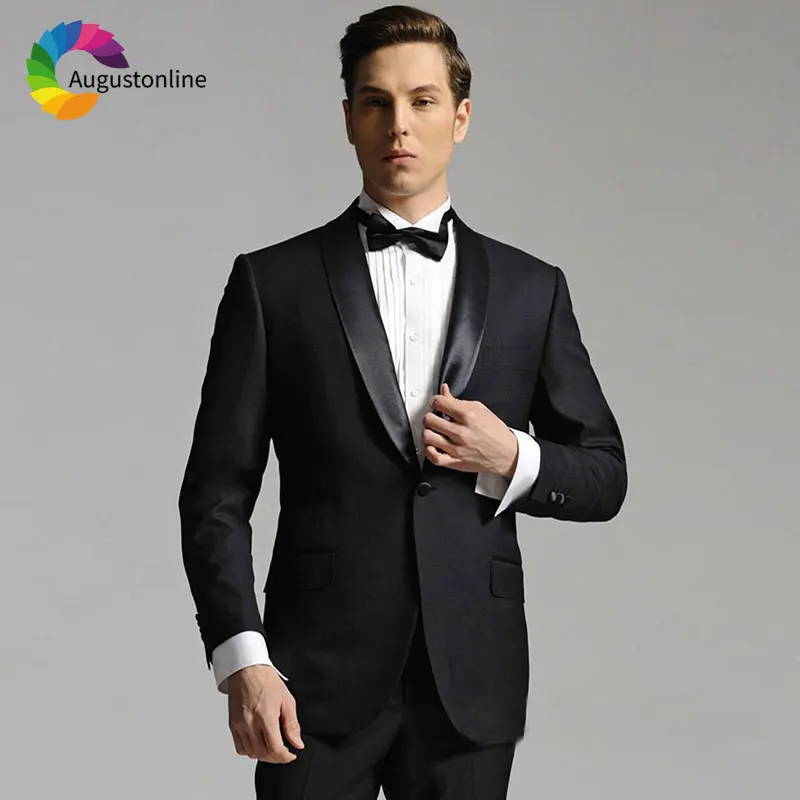 

Tailored Black Men Suits Wedding Satin Shawl Lapel Groom Tuxedo Slim Fit Best Man Blazer Jacket Pants 2Piece Costume Homme