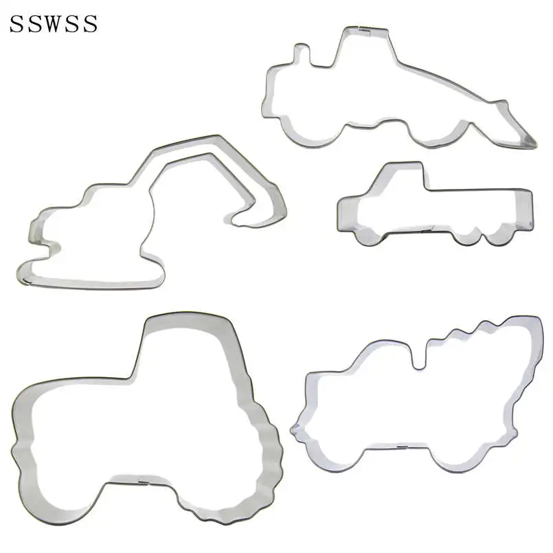 Five Engineering Car,Truck,Excavator,Bulldozer,Tractor,Cement Car Cookie Cutters Baking Molds,Cake Decorating Fondant Tools