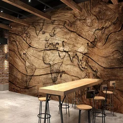 Custom Any Size Mural Wallpaper Retro Wood Grain World Map Photo 3D Fresco Restaurant Cafe Background Wall Home Decor 3D Poster