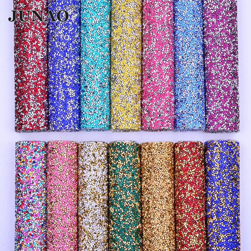 JUNAO 24 Color Hotfix Multicolor Rhinestone Mesh Fabrics Crystal Trim Ribbon Resin Strass Applique for Jewelry DIY Crafts