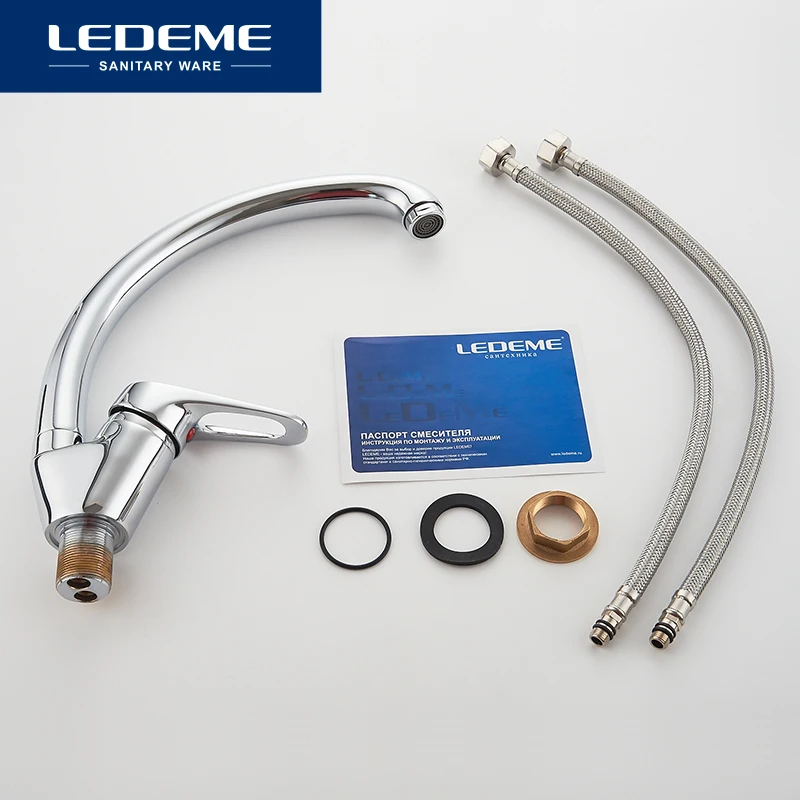LEDEME 360 Degree Rotation Kitchen Faucet Sink Brass Chrome Cold And Hot Mixer Tap Curved Outlet Pipe Taps Single Handle L5913