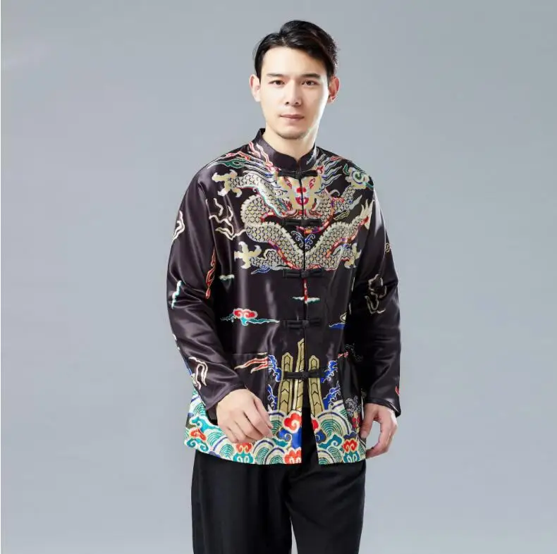 Long Sleeve Traditional Chinese Clothes Tang Suit Top Spring Summer Men Silk Embroidery Dragon Jacket Coat for Overseas Chinese