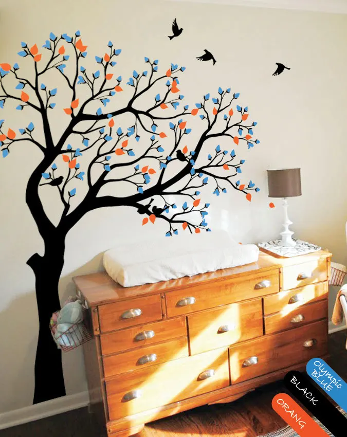 Spring Tree Wall Decals Blossom buds Birds And Leaves Large Tree Wall Stickers For Kids Room Baby Nursery Home Decor Mural JW223