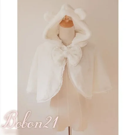 

Princess sweet lolita cloak original BOBON21 White bear ear cap bowknot is detachable big bow lace Winter warm thick cloak C0937