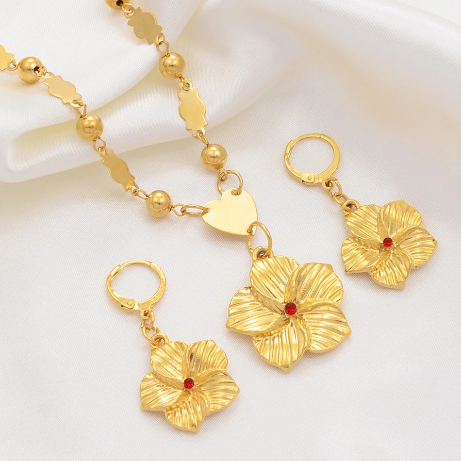 Anniyo Hawaiian Flower Pendant Necklaces Earrings Women Girl Gold Color Guam Micronesia Marshall Flower Jewelry Set #213806