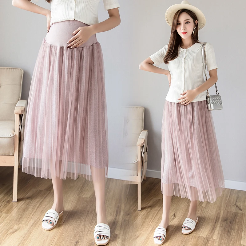 Solid Pleated Maternity skirts Clothes For Pregnant Women Pregnancy Clothing Mesh High waist skirt Gravidas Vestidos Summer 2019