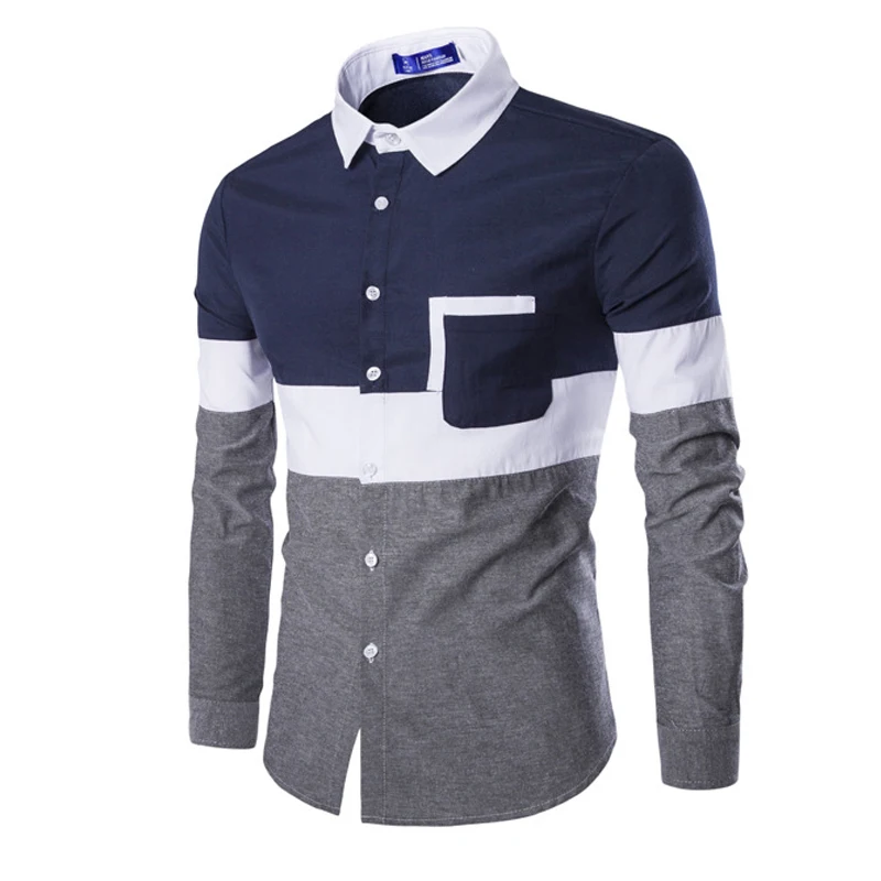 New 2019 Oxford Men Long Sleeve Shirt Spring Autumn Patchwork Pocket Men\'s Casual Shirt Cotton Slim Fit White Men Clothing M-2XL