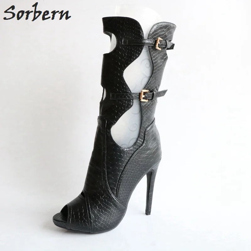 Sorbern Fish Scale Mid Calf Women Boots Open Toe Buckle Straps High Heels Runway Shoes Fetish High Heels Ladies Shoes Size 43