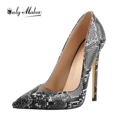 Onlymaker  Women Pointed Toe Snake Slip On Black 12cm High Heel Stiletto Pumps Large Size Sexy Basic Shoes