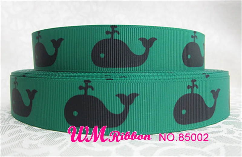 Q&N ribbon 7/8inch 22mm Animal whale on green webbing printed grosgrain ribbon 50yards/roll for headband hair tie free shipping